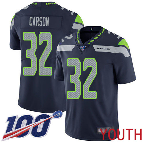 Seattle Seahawks Limited Navy Blue Youth Chris Carson Home Jersey NFL Football #32 100th Season Vapor Untouchable
